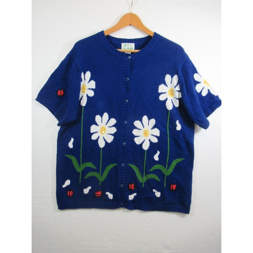 Quacker Factory Ladybug Daisy Cardigan Sweater Plus Size 1X Blue Short Sleeve